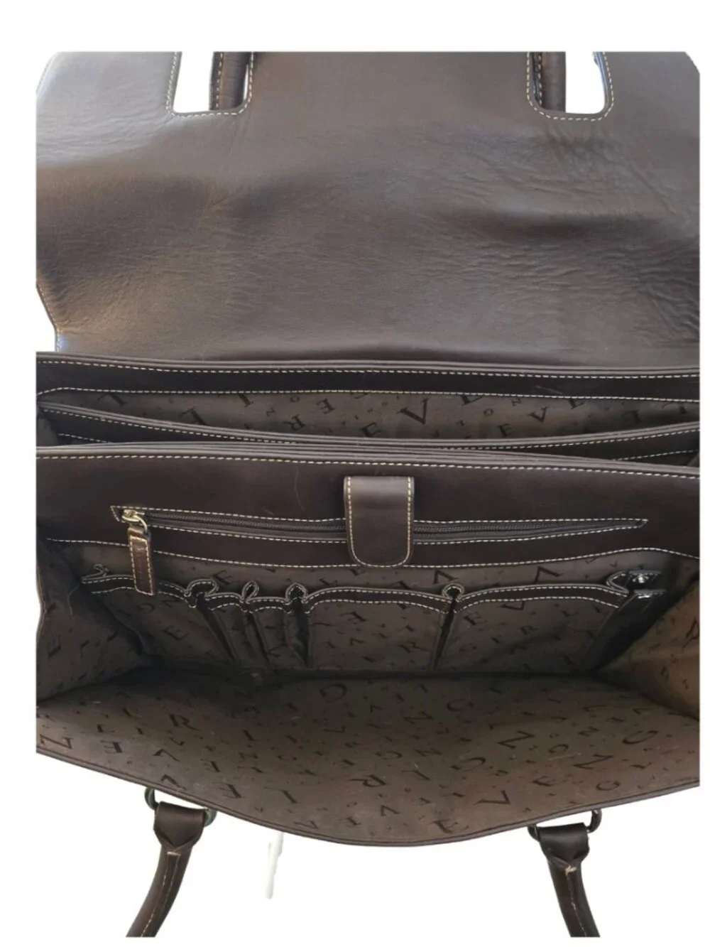 Levenger Genuine Leather Expandable Briefcase Laptop Shoulder Bag Dk Brown